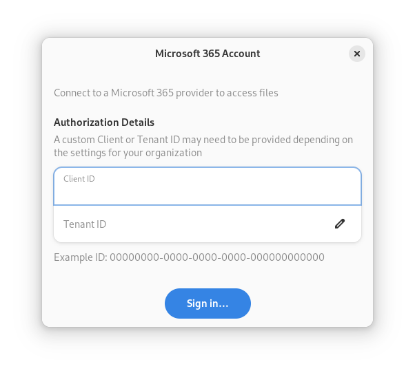 A screenshot of the Microsoft 365 setup dialog in GNOME 46.2, with confusingly optional entry fields